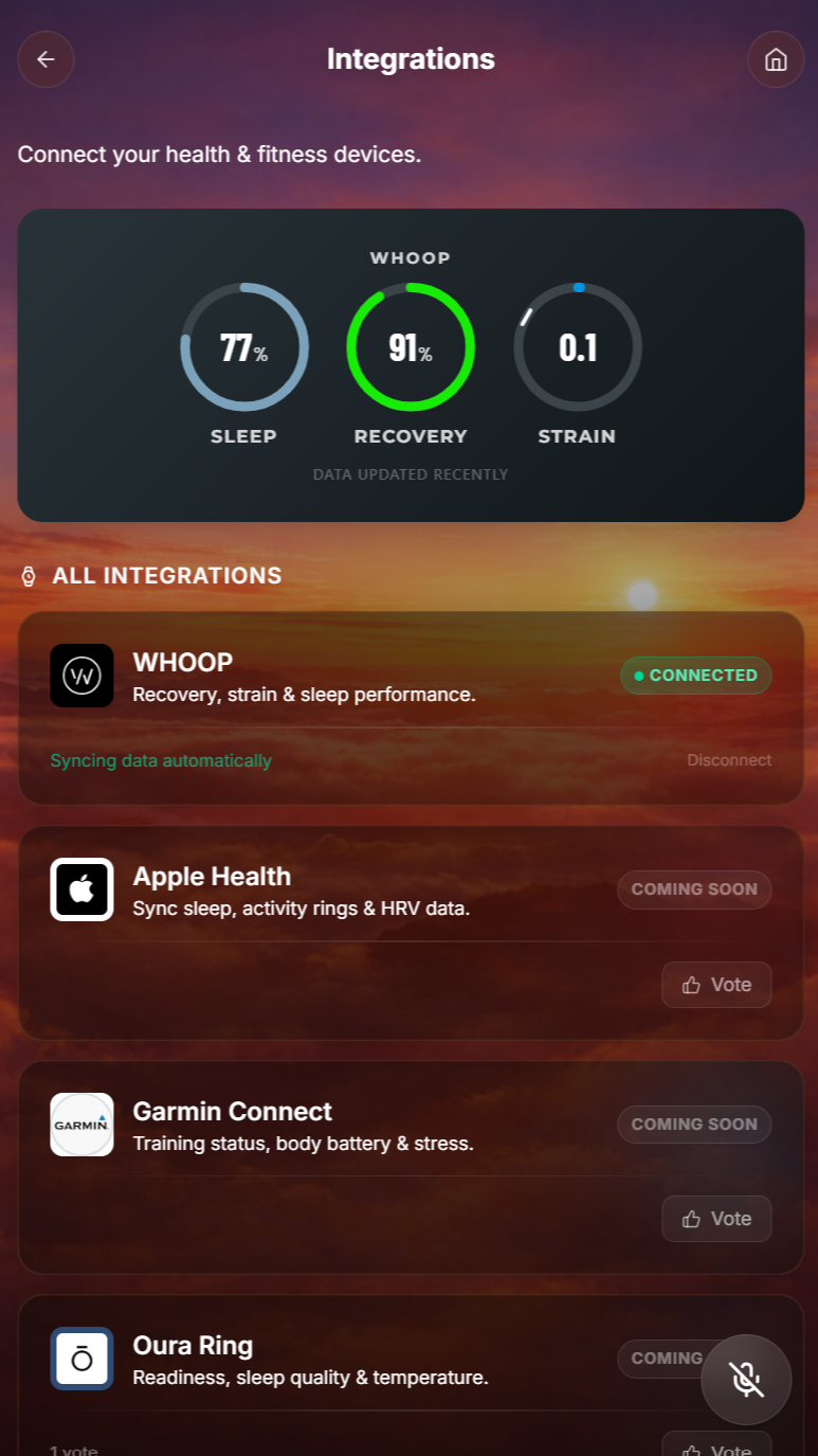 Nobiru WHOOP integration showing Recovery 91%